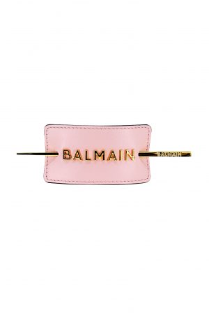 Balmain Gold Plated Leather Hair Barrette With Pin In Pink